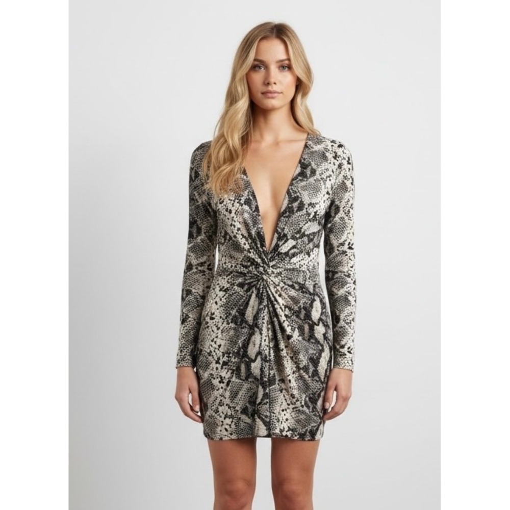 Etiquette Boutique Snake Print Plunging Neck Long Sleeve Black Cream Mini Dress